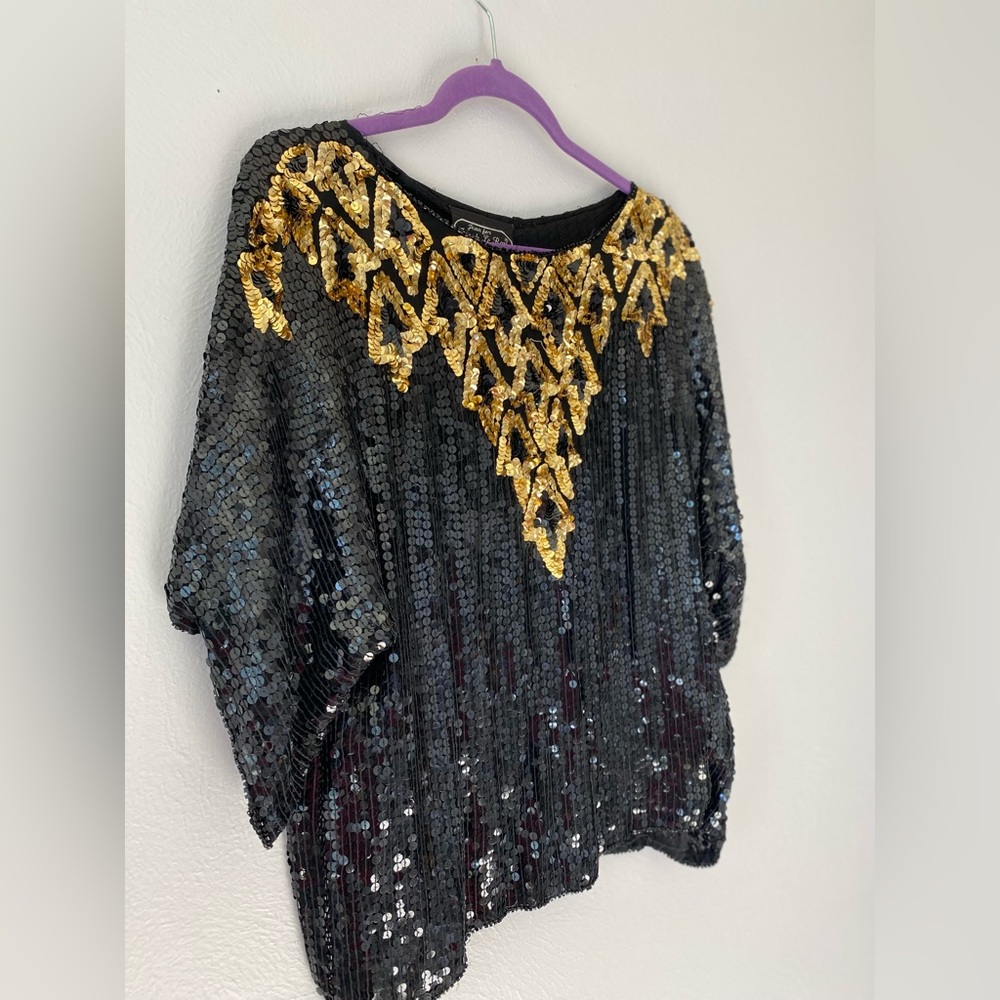 100% Silk Vintage Black and Gold Sequin Top